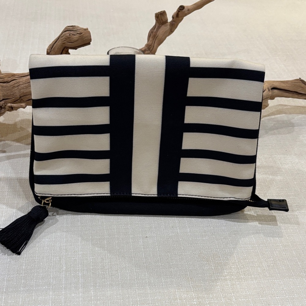 Summer & Rose Fold Over Zippered Black and Cream Clutch with Magnetic Closure